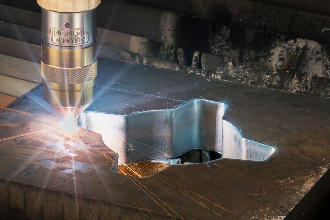 A plasma cutter cutting a component for large tooling or parts for the heavy equipment industry