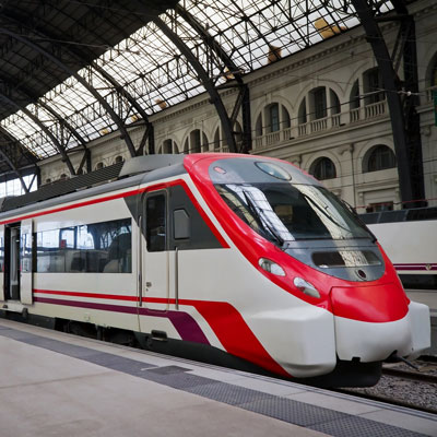 A high-speed train inside a station