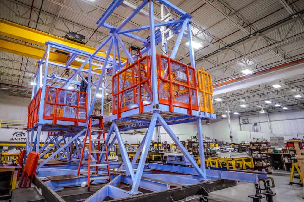 A large aerospace work platform being fabricated at Baker Industries